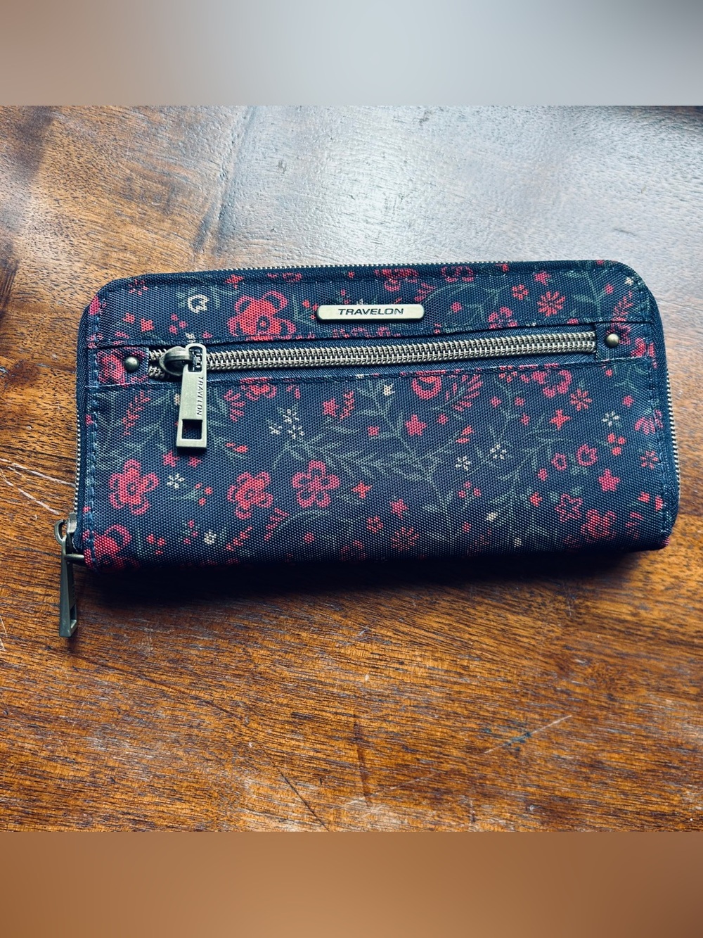 Travelon Black Wallet/ Wristletwith Red Floral Print and Front Zip
